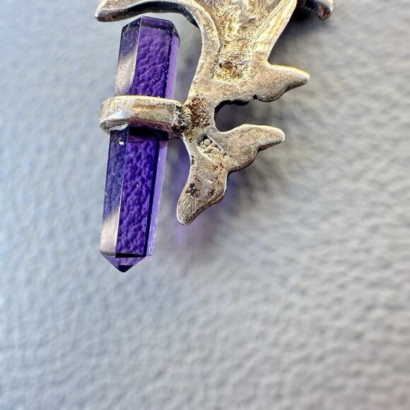 Sterling Silver Dolphin Charm Pendant w Purple Amethyst Glass Crystal Point 925 - Picture 5 of 5